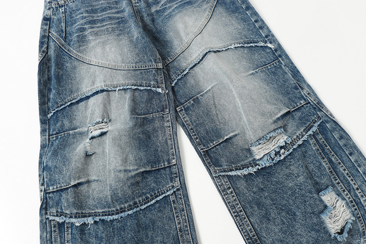 Washed Damage Splice Wide Leg Denim Jeans