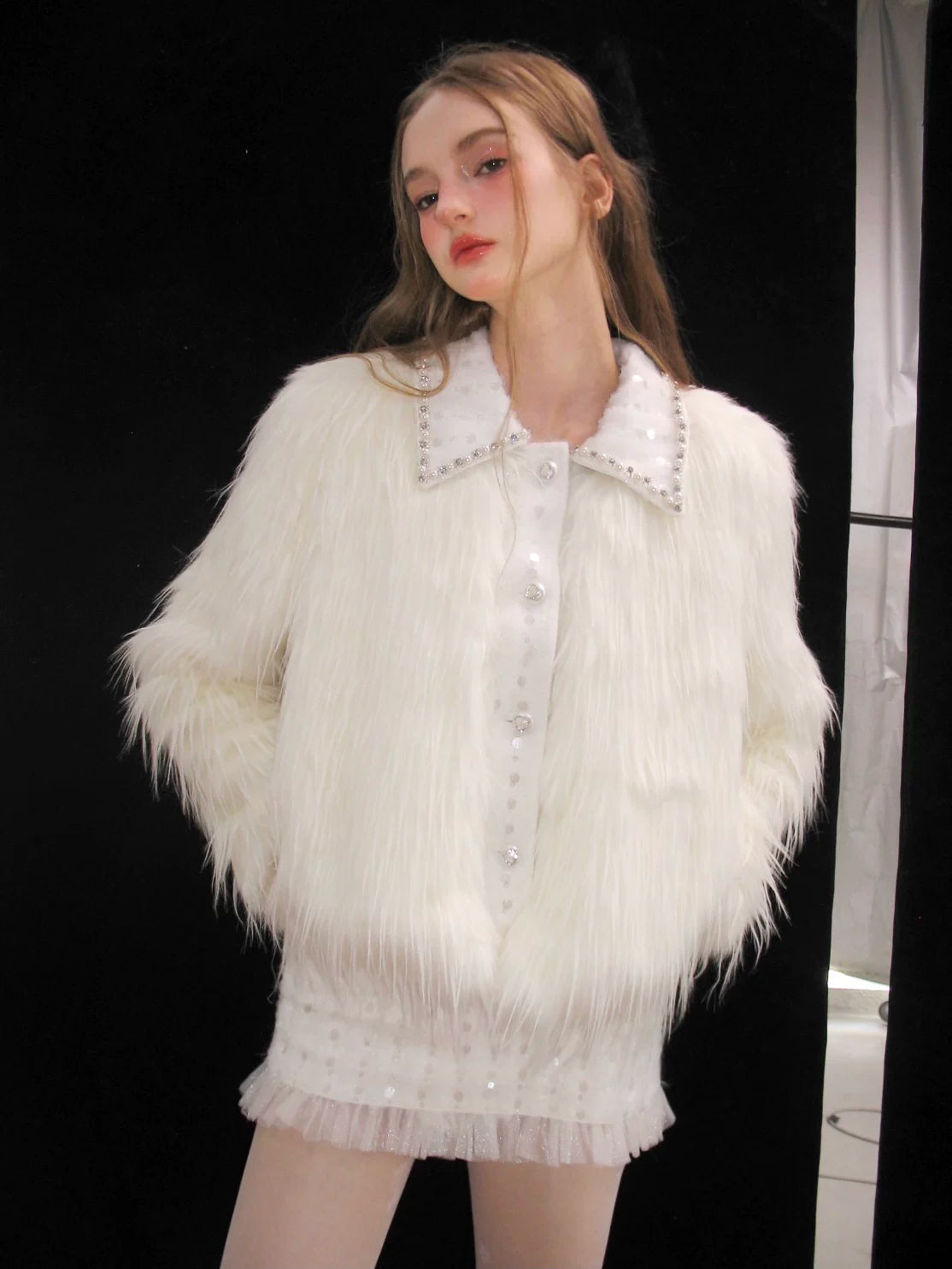 Eco Fur Warm Jacket & Short Skirt & Long Skirt Setup