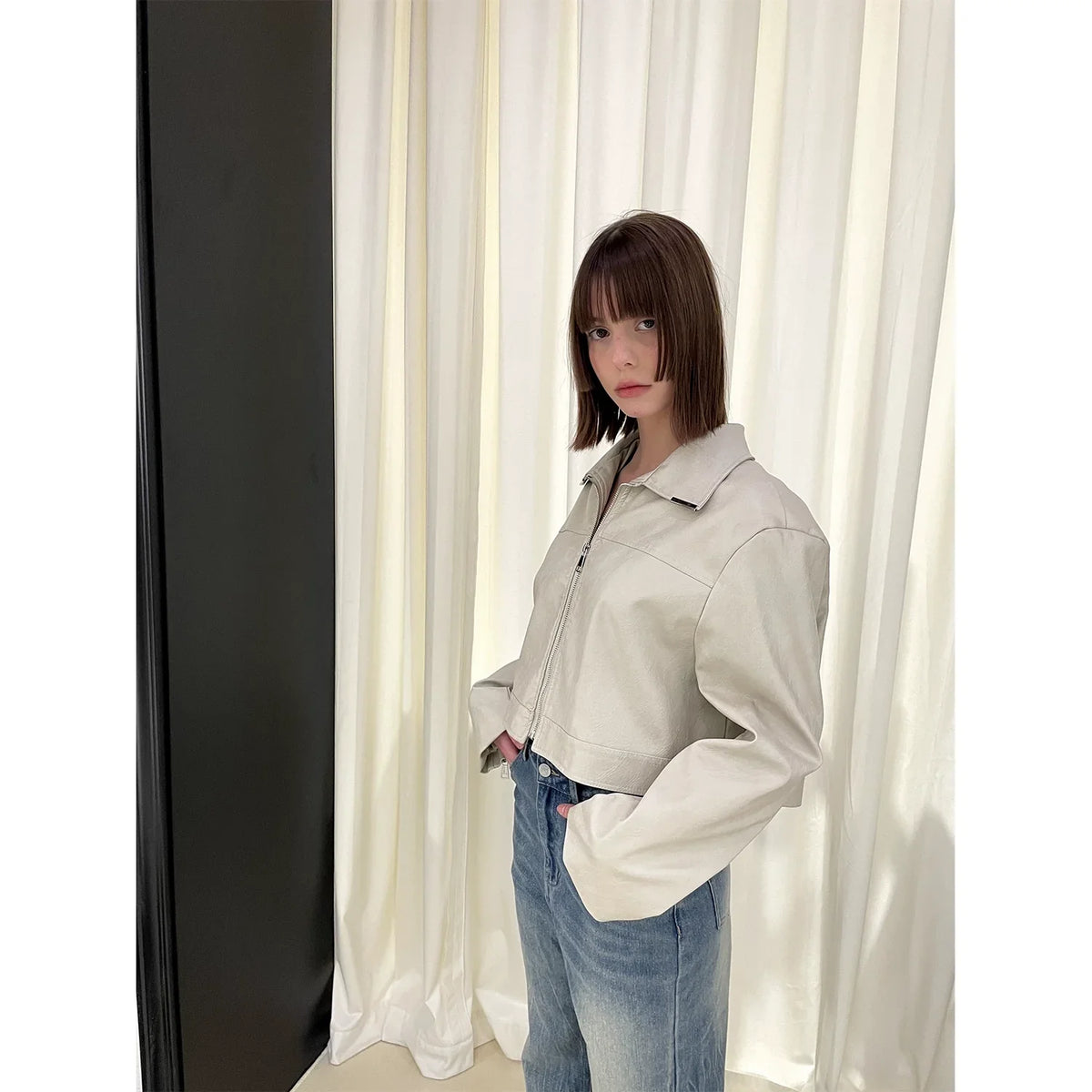 Cropped PU Leather Jacket