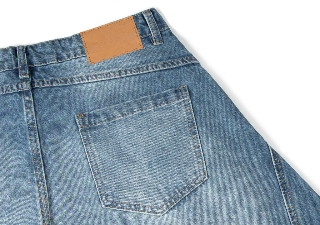 Washed Panel Design Wide Leg Denim Jeans