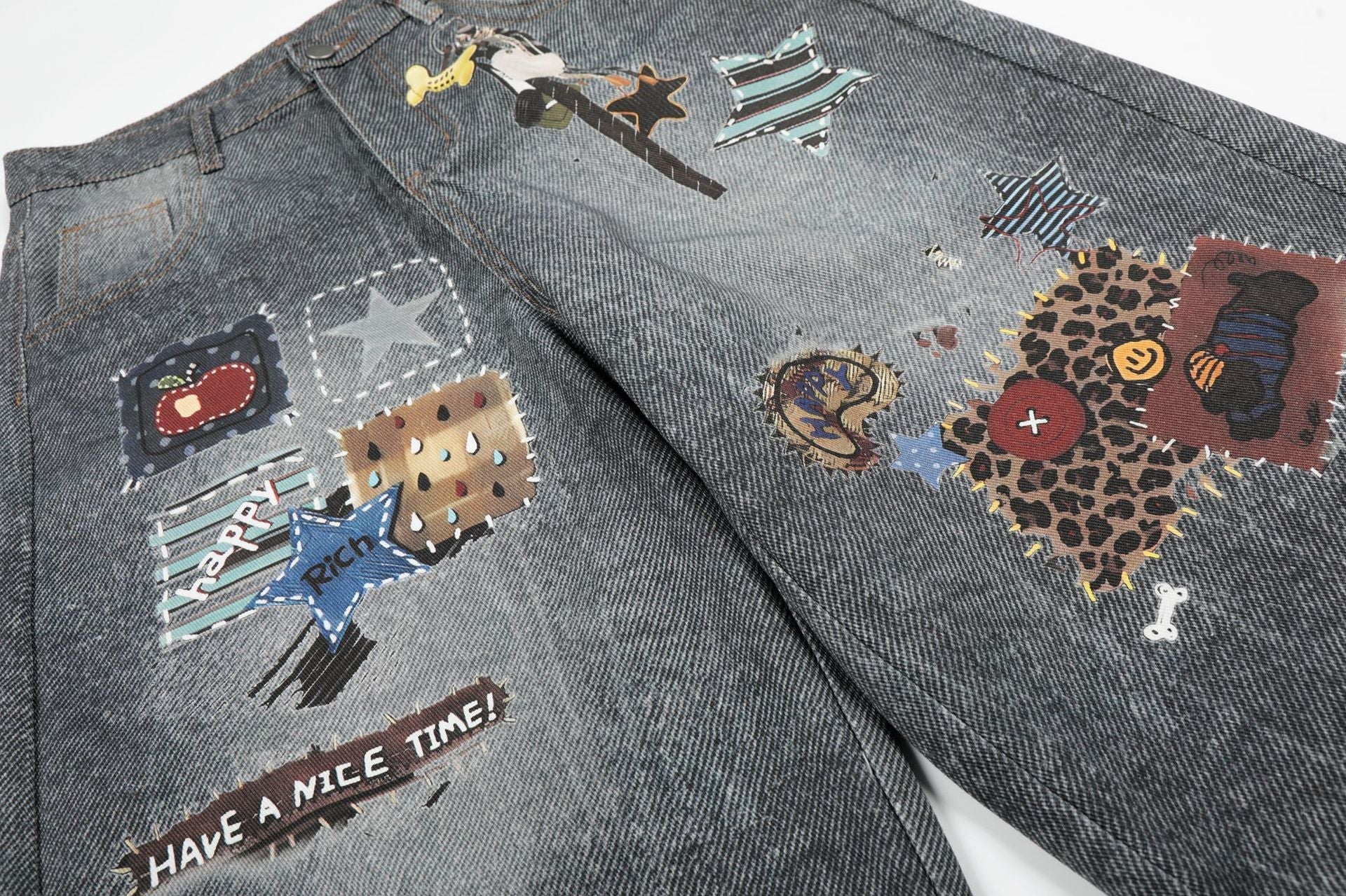 Applique Patchwork Wide Leg Jort