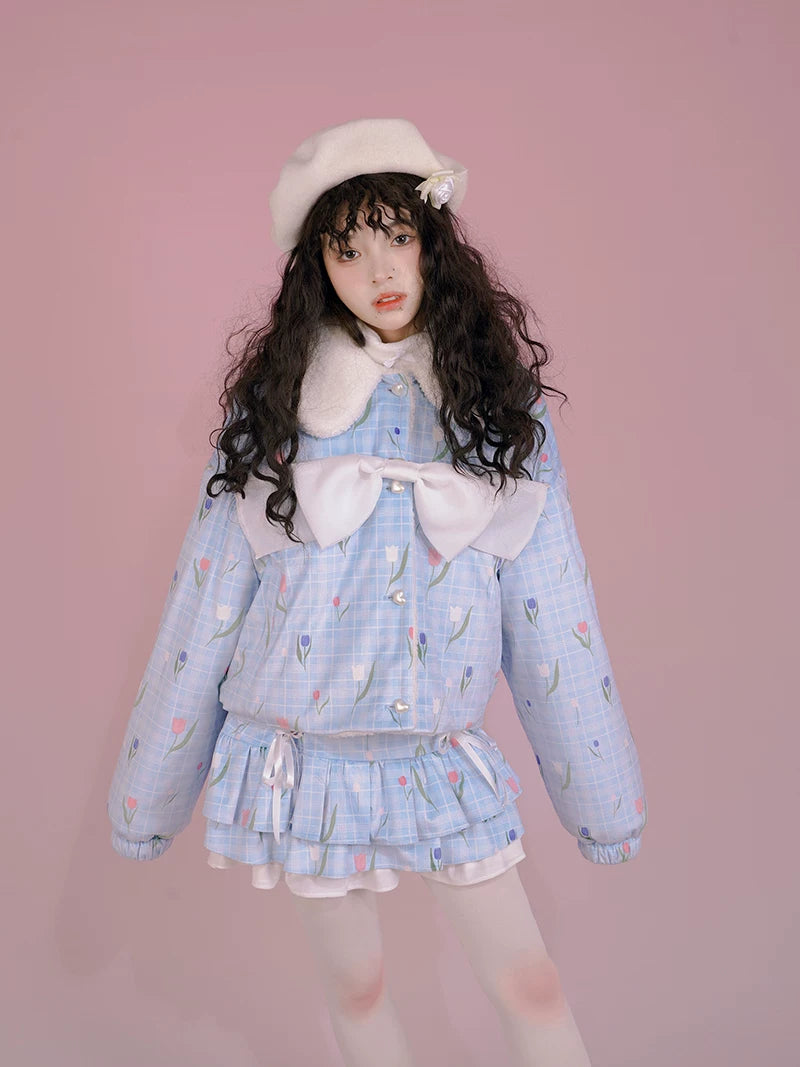 Flower Print Bow Fleece Lining Puffer Jacket