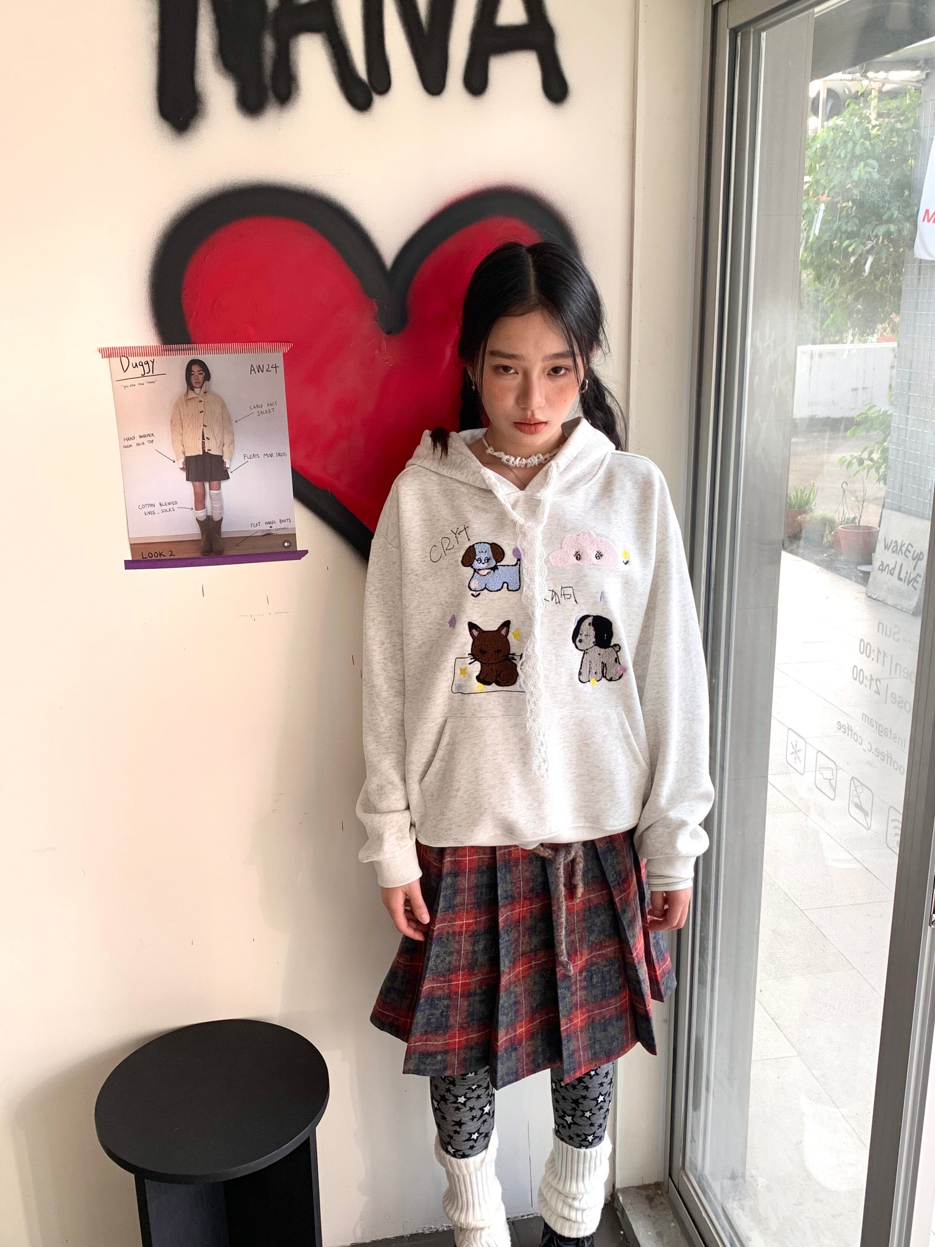 Lace Embroidery Dog Print Oversize Pullover Hoodie
