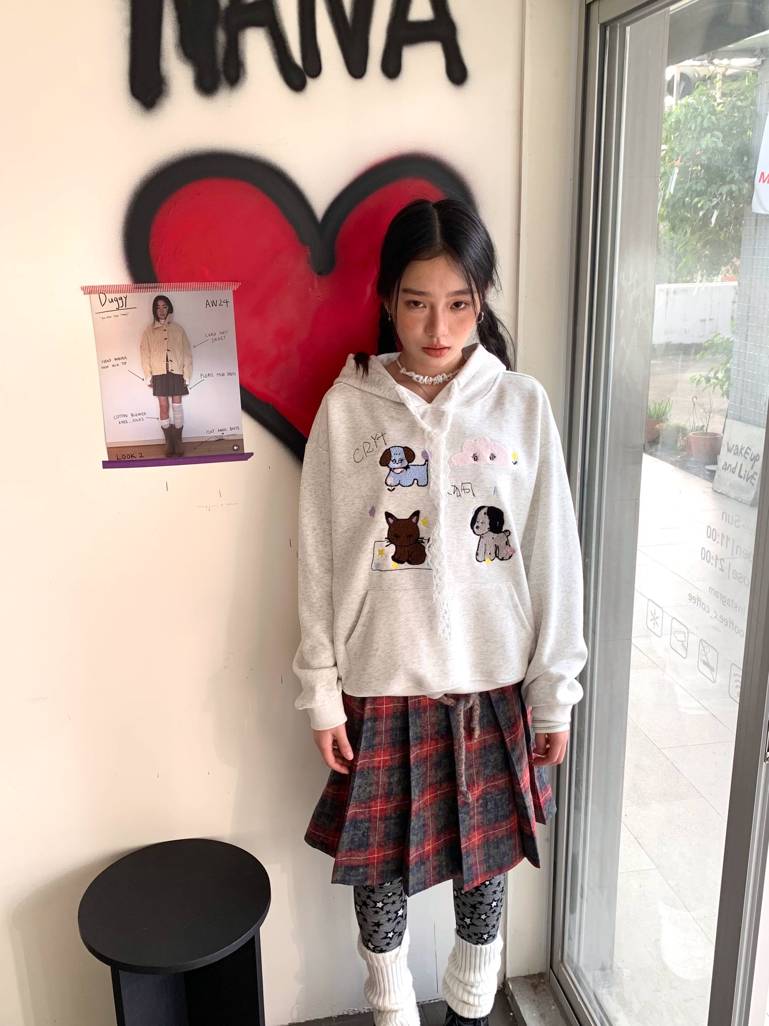 Lace Embroidery Dog Print Oversize Pullover Hoodie