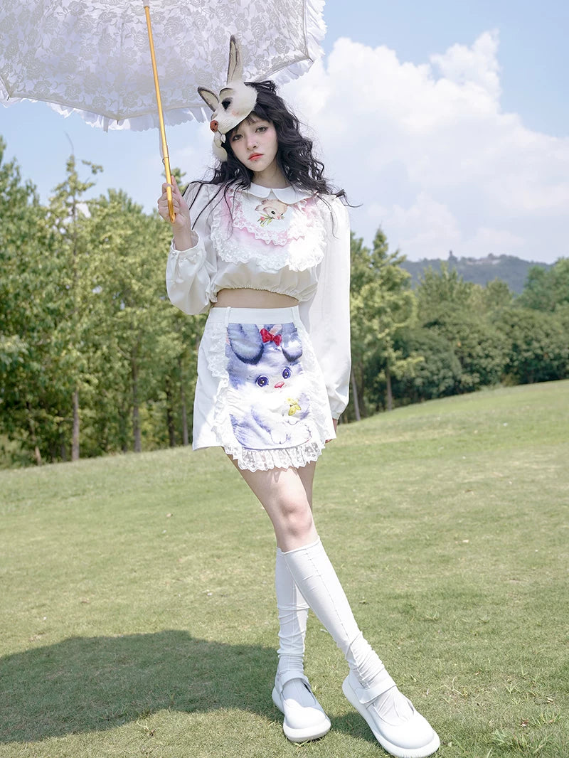 Graphic Print Lace Ruffle Skirt
