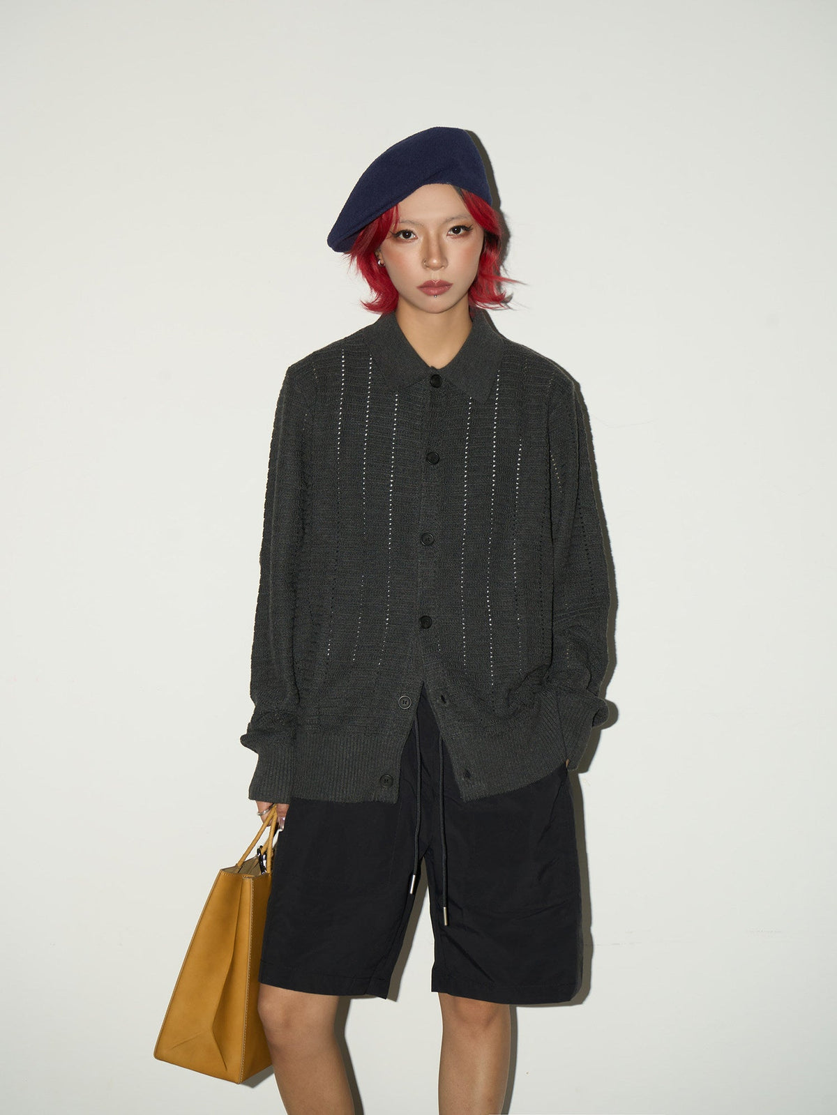 Hollow Textured Lapel Knit Cardigan