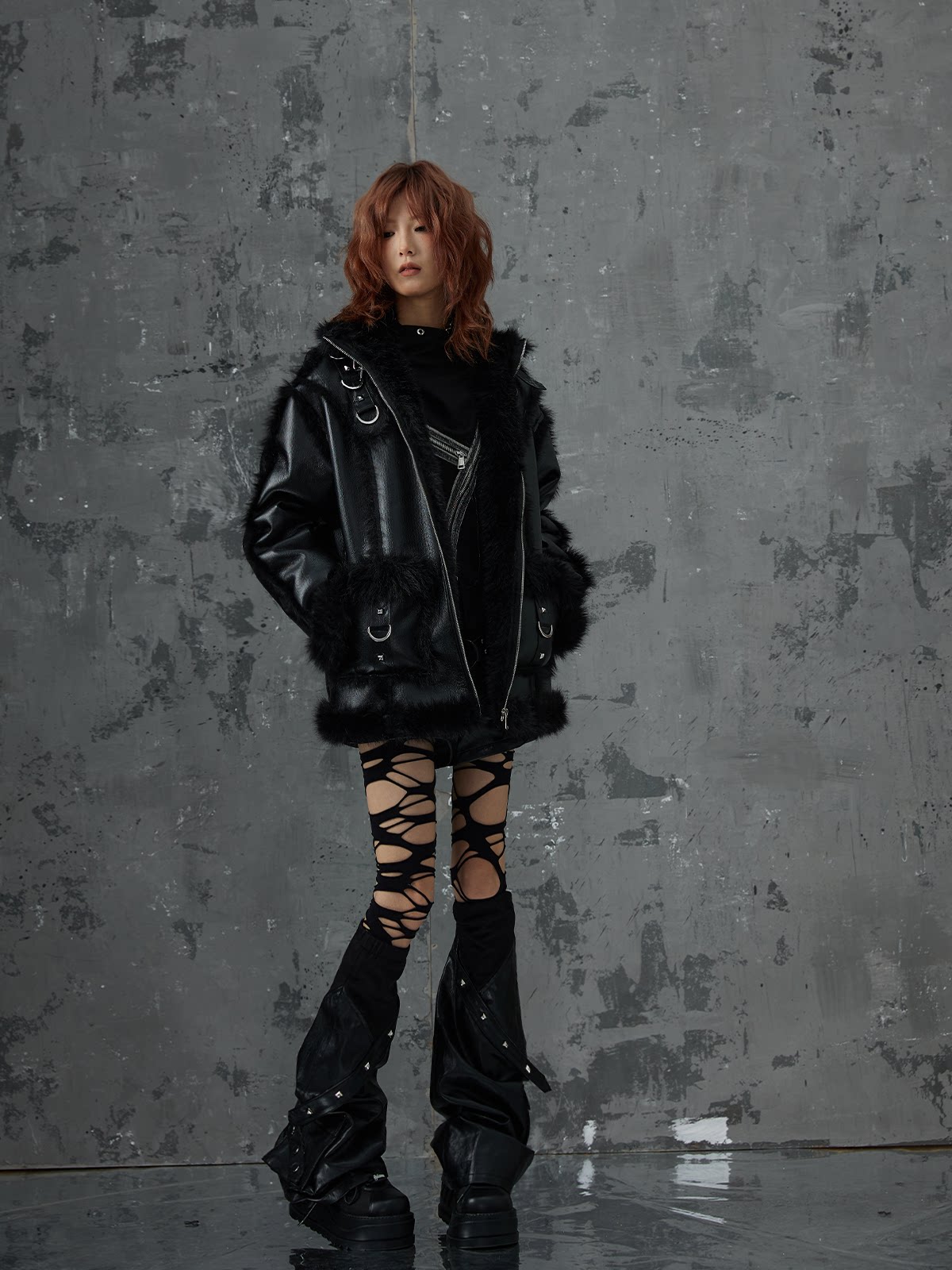 Punk Oversize Metal-Accent Shearling Jacket