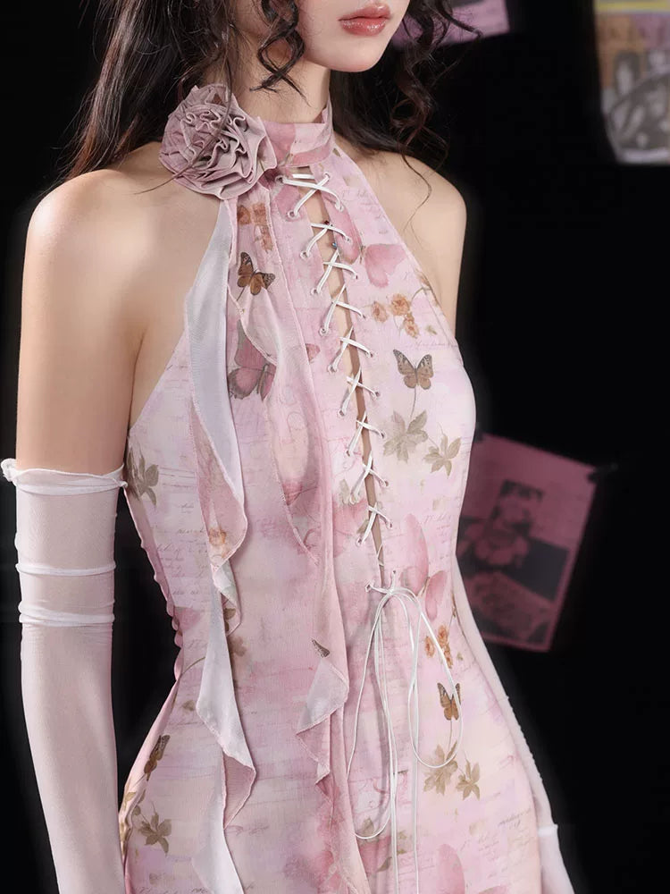 Butterfly Print Slit Tie-Strap Long Cheongsam Dress