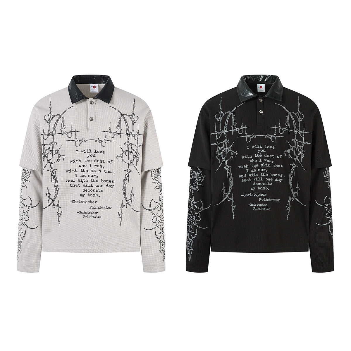 PU Leather Collar Thorn Print Fake Layered Long Sleeve Polo Shirt