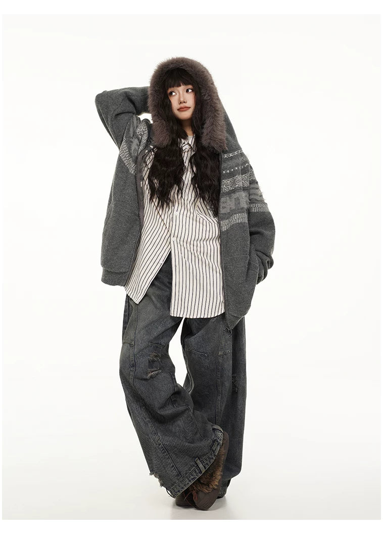 Fair Isle Hooded Detachable Fur Collar Knit Cardigan