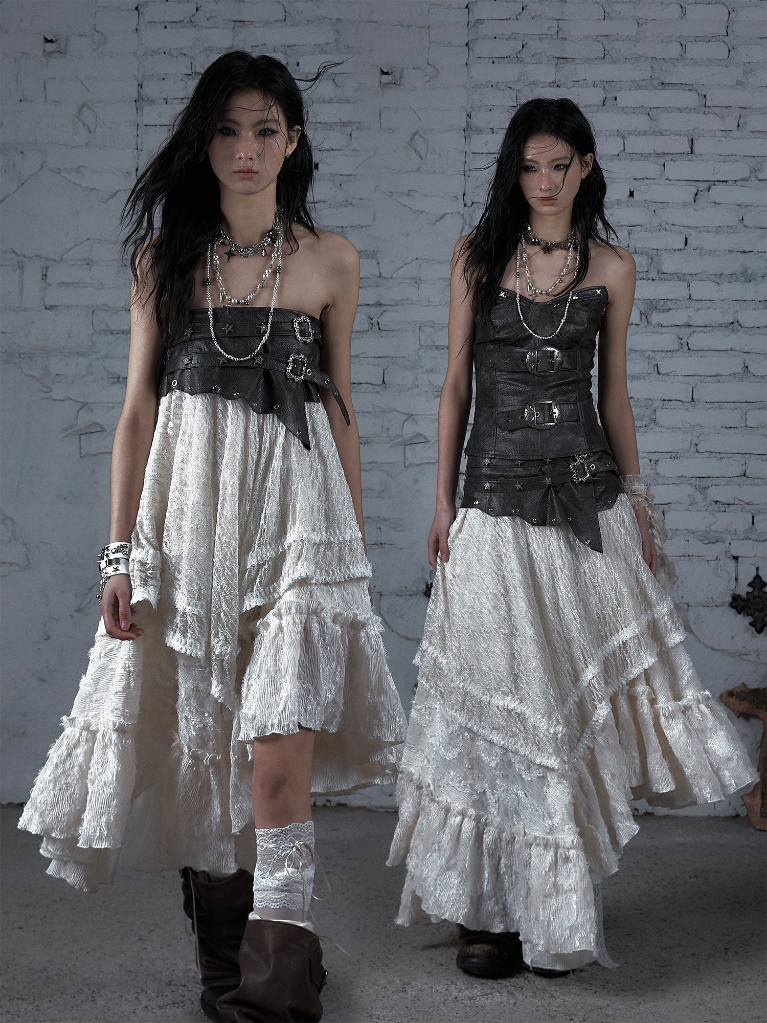 Asymmetric Lace Layered Belt Detail Skirt