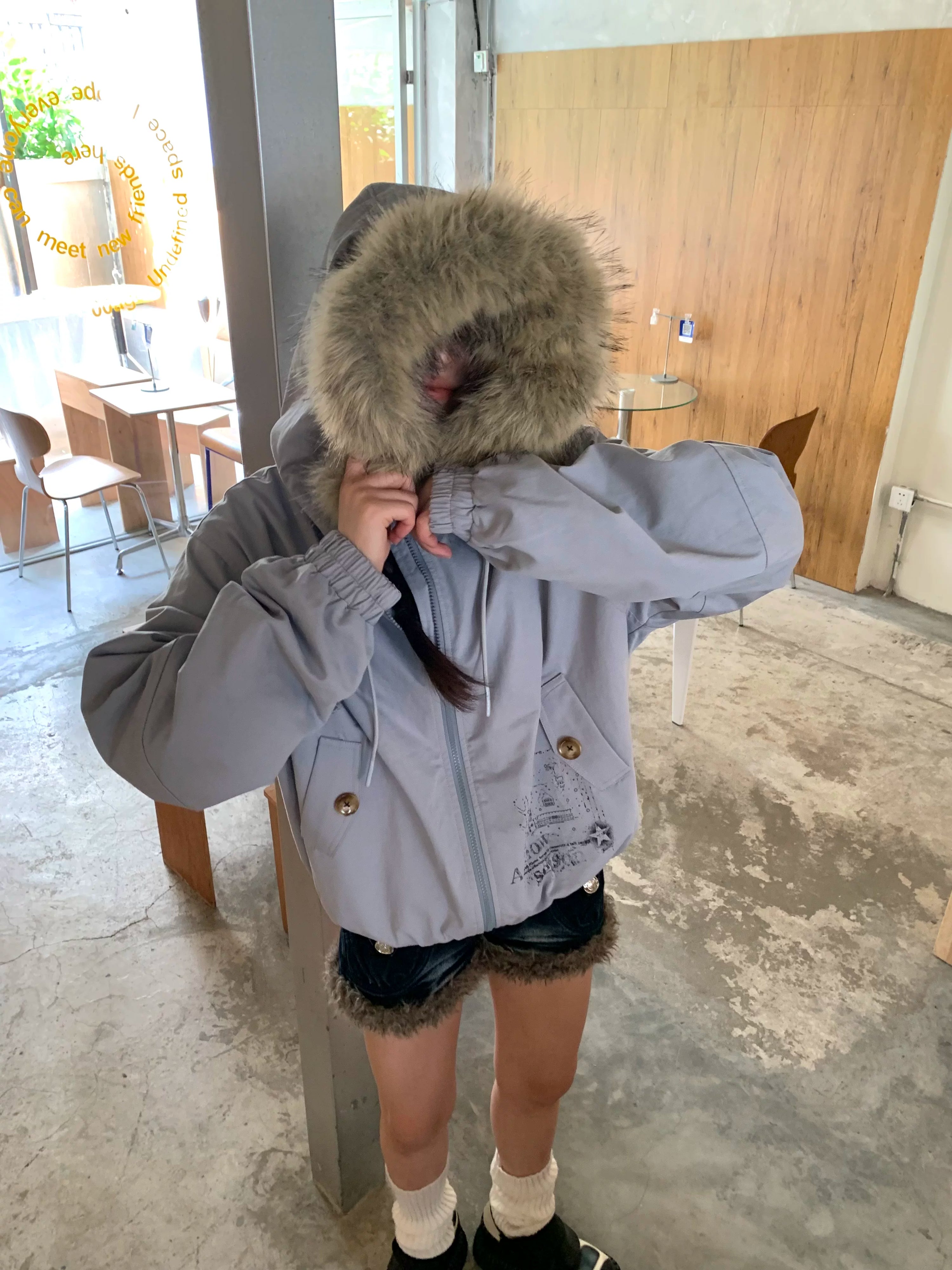 Fake Fur Trim Graphic Print Oversize Hooded Jacket