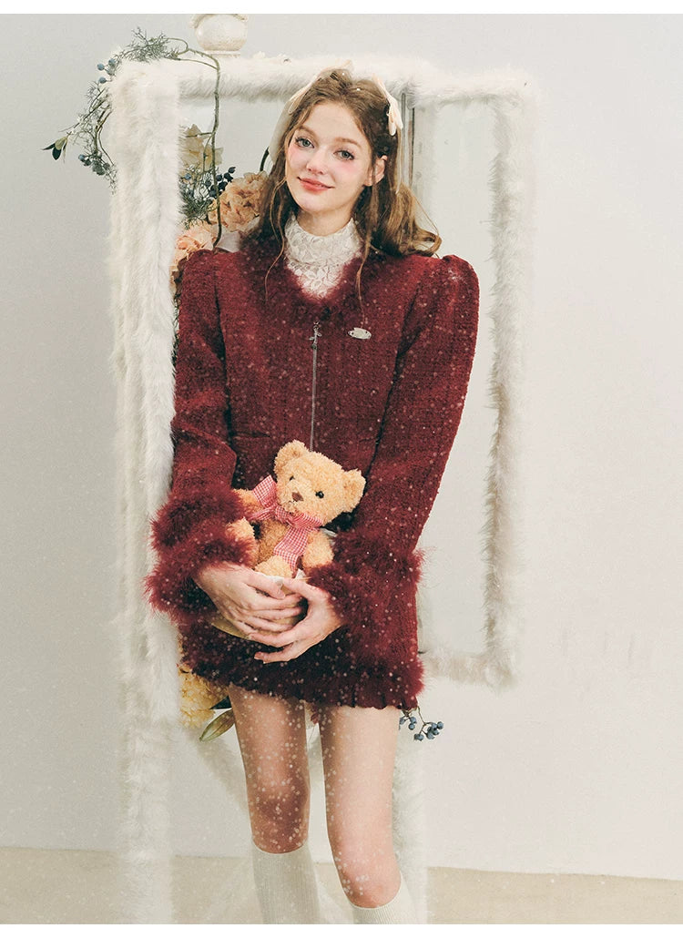 Fur Jacquard Zipper Jacket & Short Skirt Setup