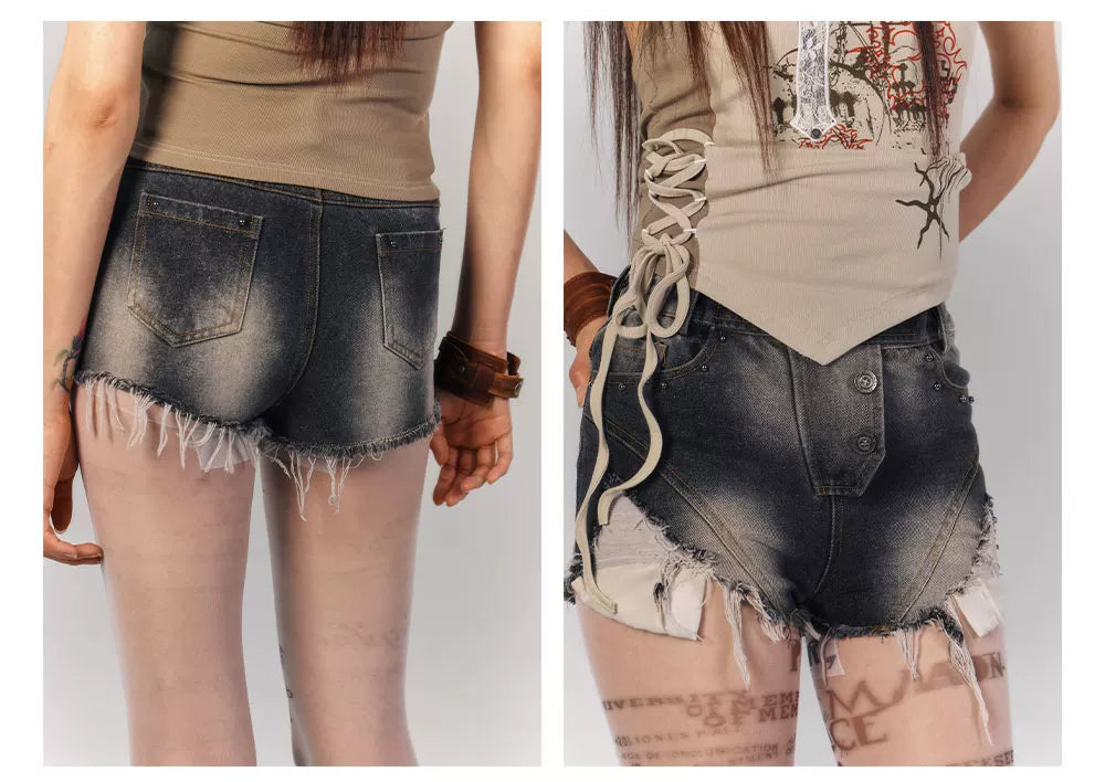 Washed Damage Fray Short Denim Jeans