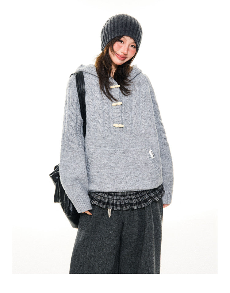 Hooded Toggle-Front Knit Sweater