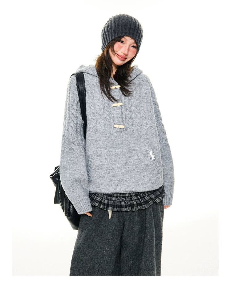 Hooded Toggle-Front Knit Sweater