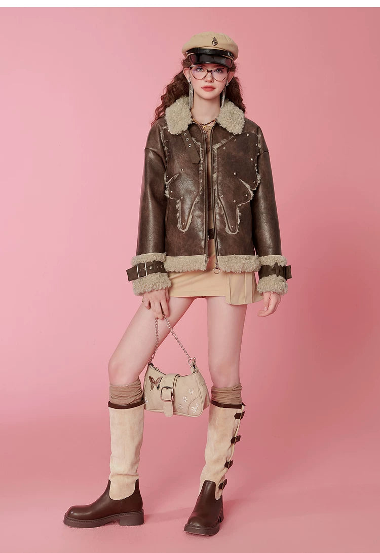 Fake Shearling Thick PU Leather Jacket