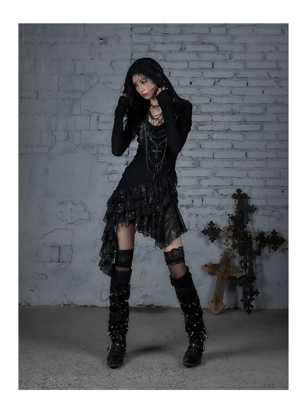 Lace Hooded Asymmetric Ruffle Dress