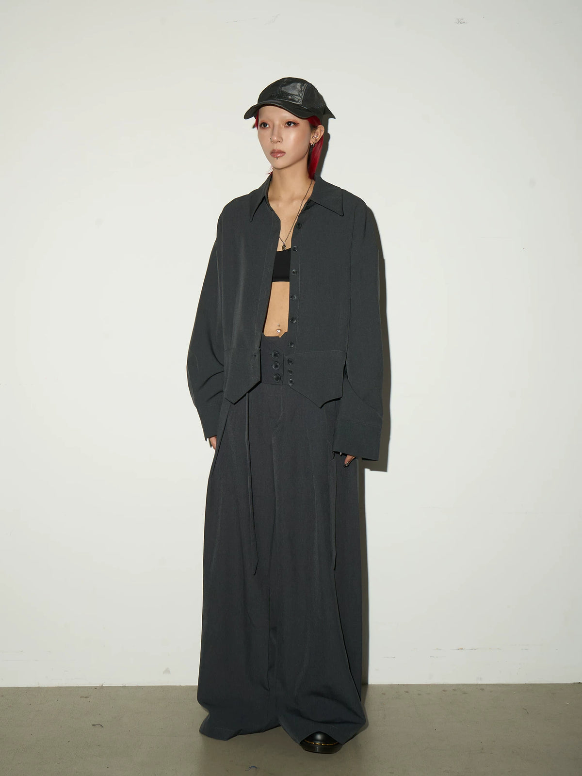 Button Front Long Sleeve Shirt & Pleats Wide Leg Trousers Setup