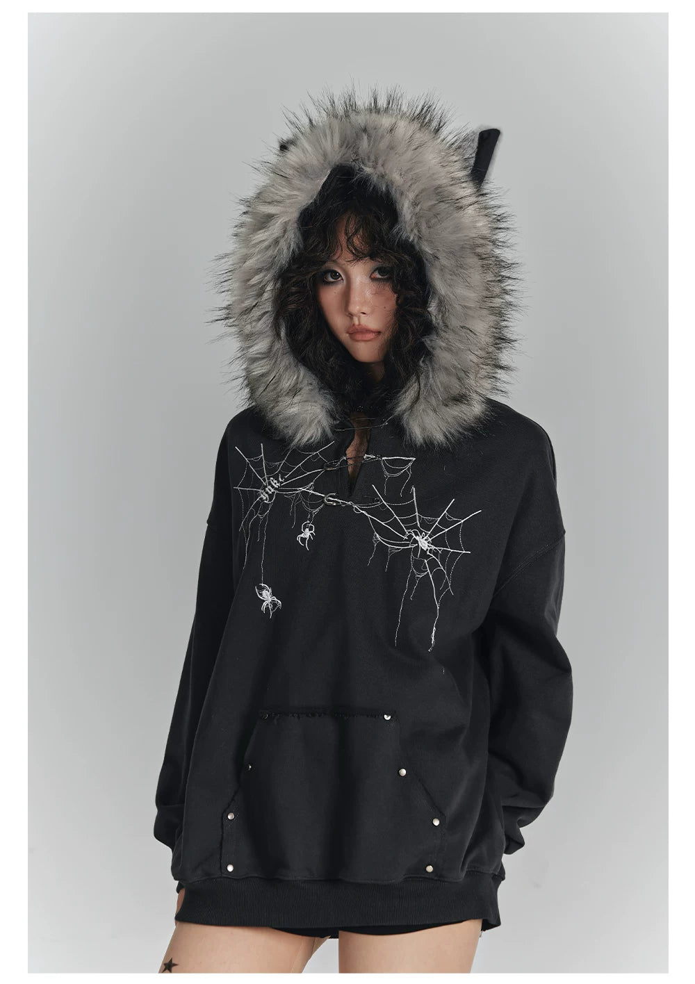 Spider Web Print Fur Collar Cat Ear Oversize Zipper Hoodie
