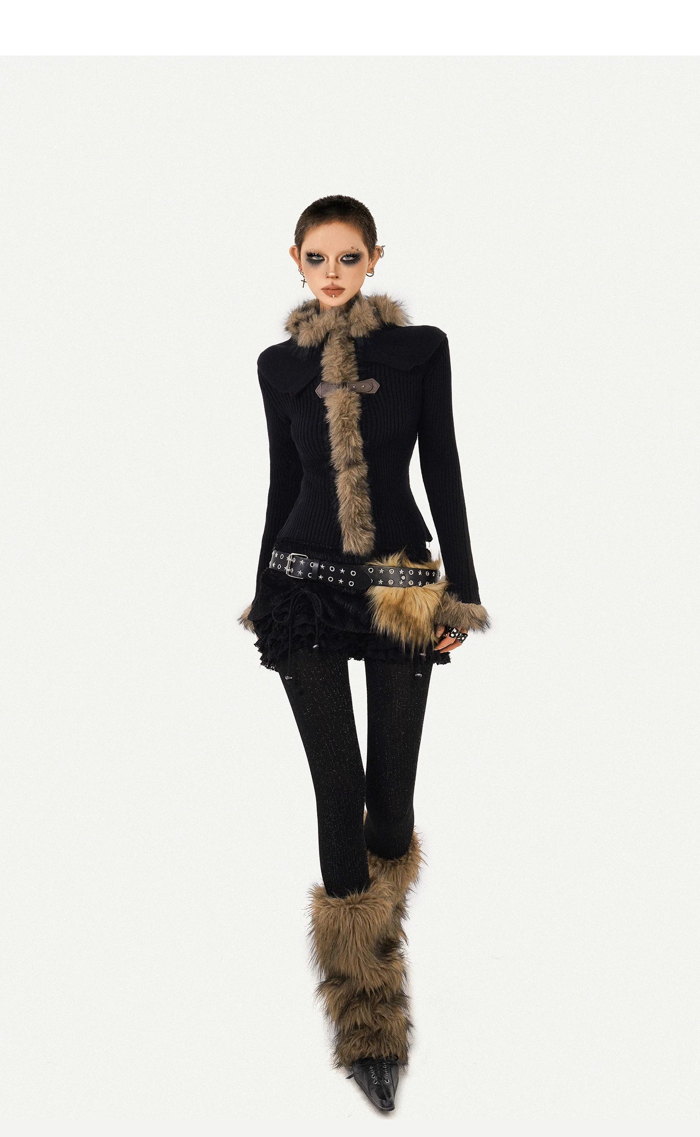 Fur Collar Fitted Knit Sweater