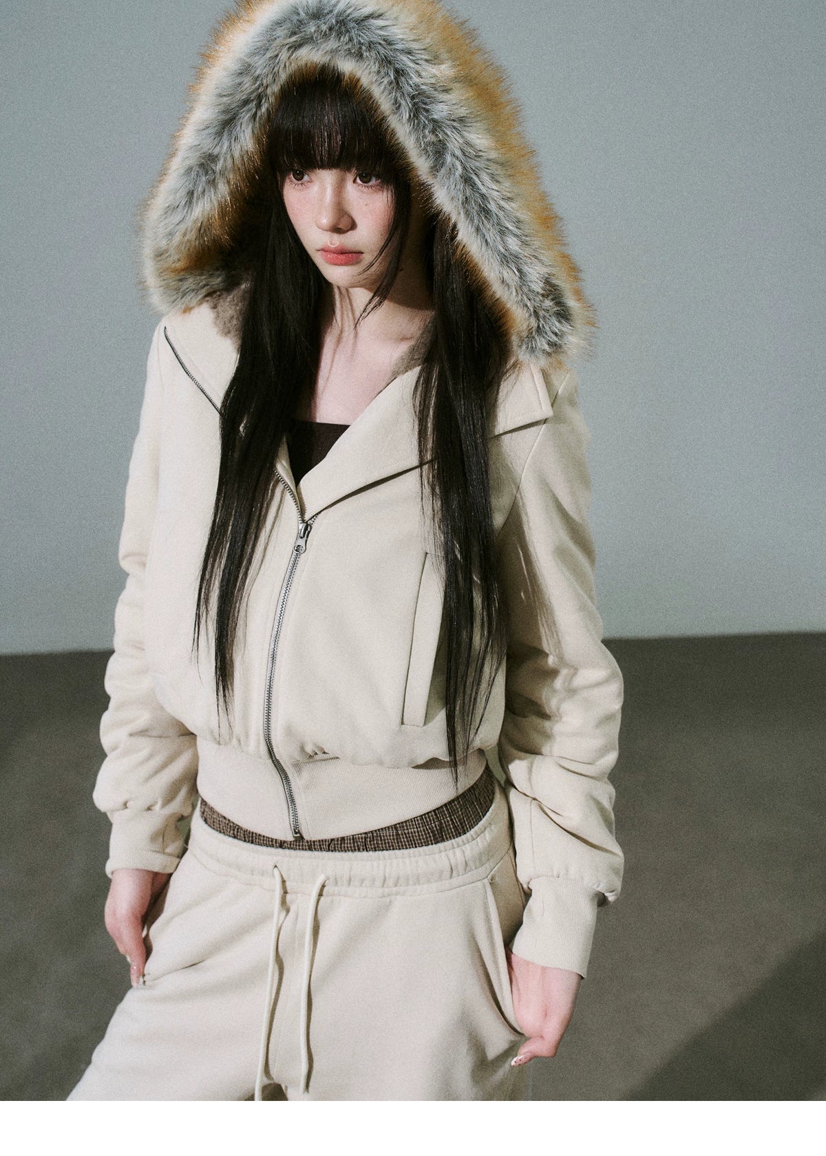 Fake Fur Hooded Zip-Up Jacket & Seatpants Setup