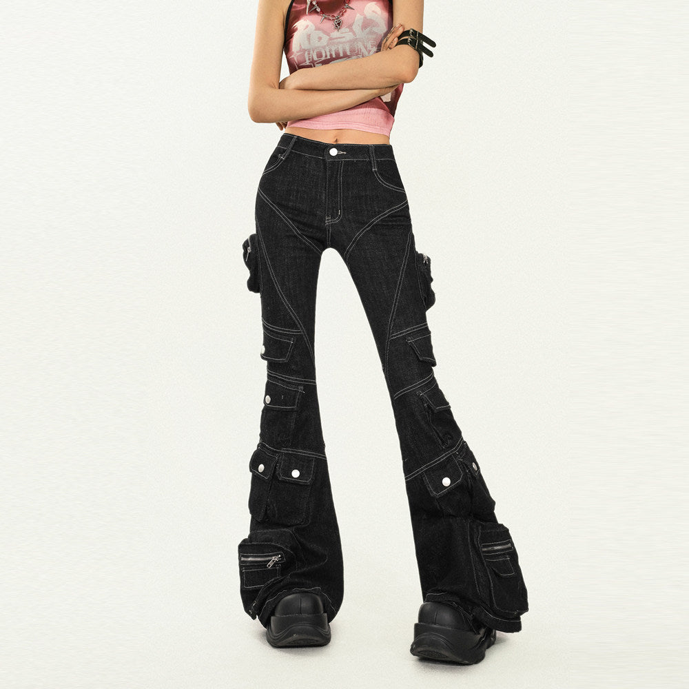 Utility Multi-Pocket Flare Cargo Denim Jeans