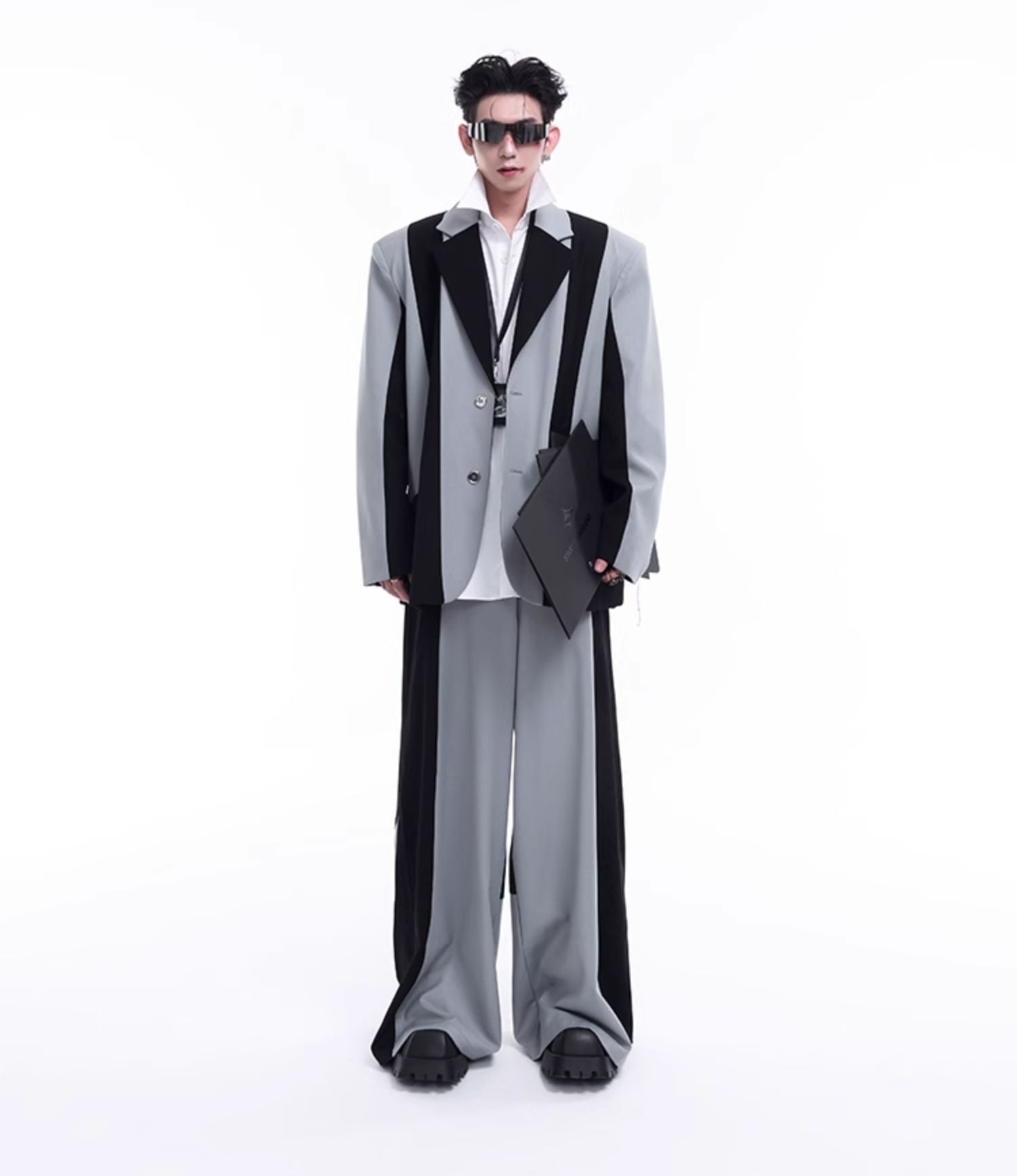 Contrast Color Tailored Jacket & Wide-leg Trousers Setup