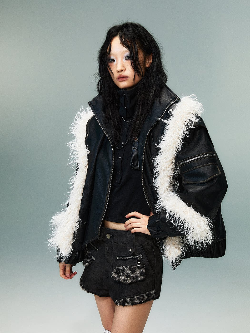 Fake Layered Washed Thickened PU Leather Padded Short Jacket