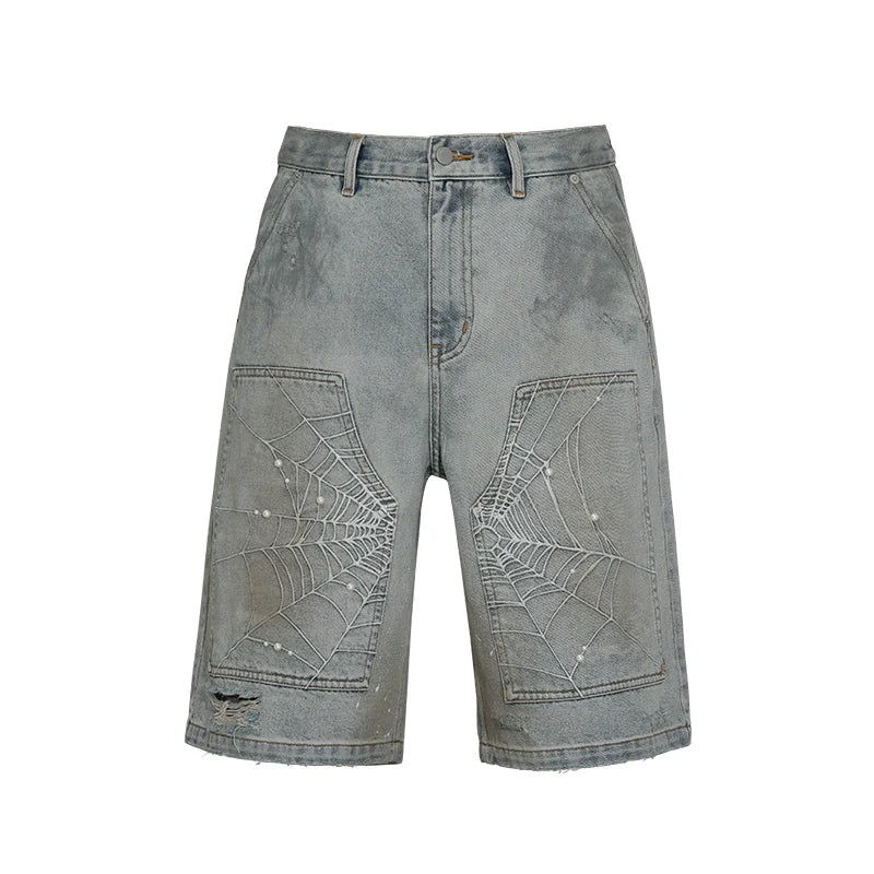 Spider Embroidery Washed Cropped Pants