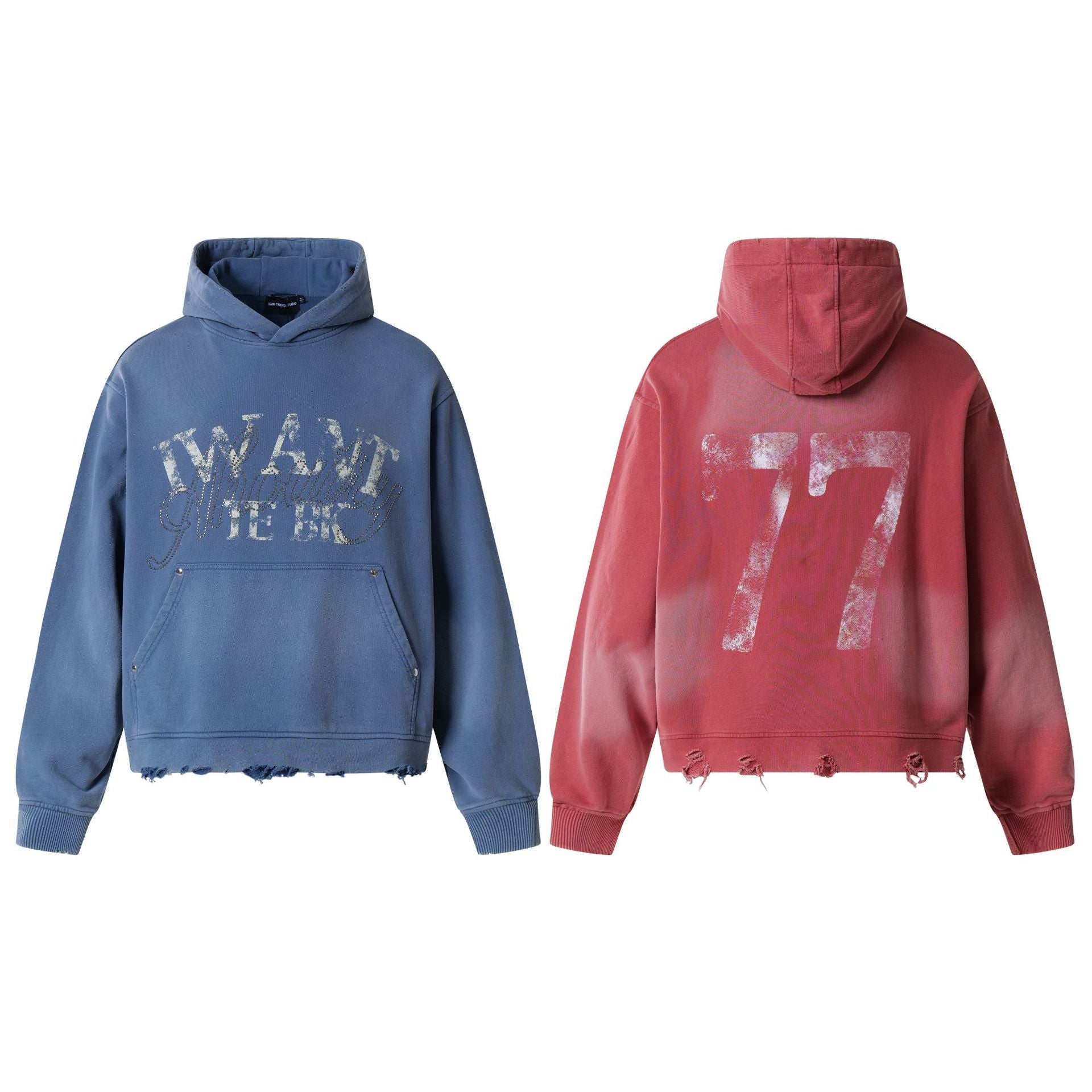 Washed Letter Rhinestone Design Damage Hoodie