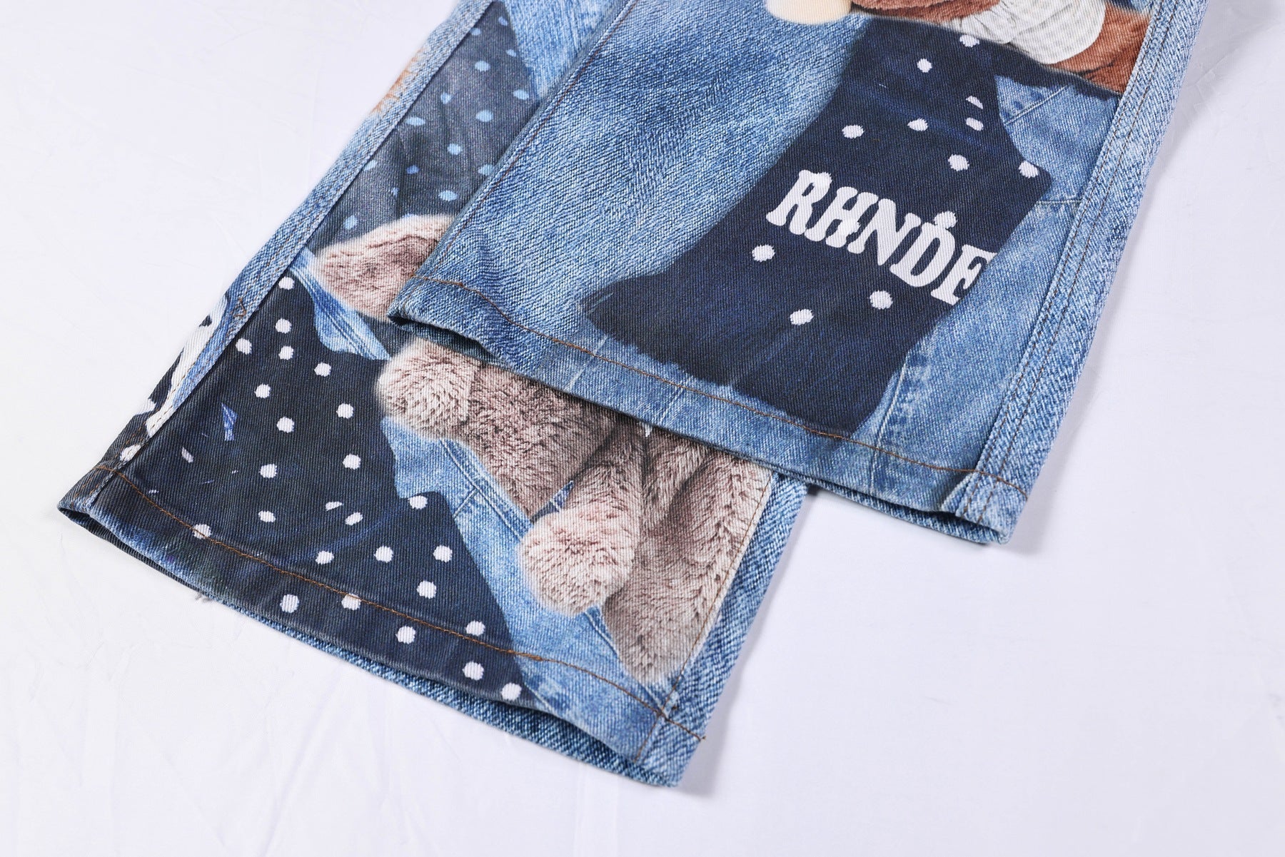 Washed 3D Character Print Wide Leg Denim Jeans
