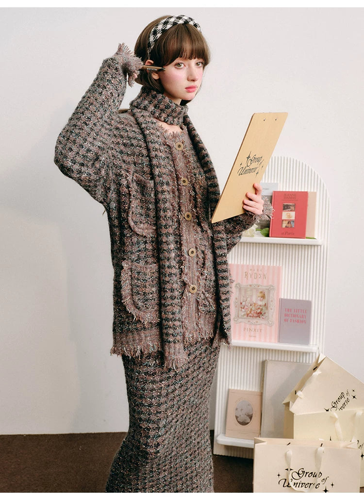 Plaid Button Cardigan & Scarf & Long Skirt Setup