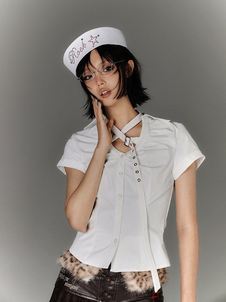 Button Strap Detail Fitted Short Sleeve Shirt