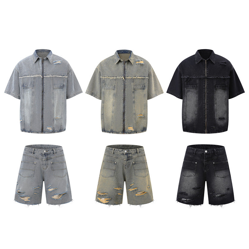 Washed Damage Wide Leg Denim Short Pants
