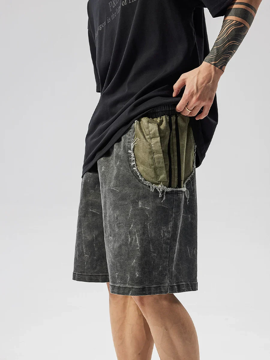 Washed Patchwork Drawstring Wide Leg Short