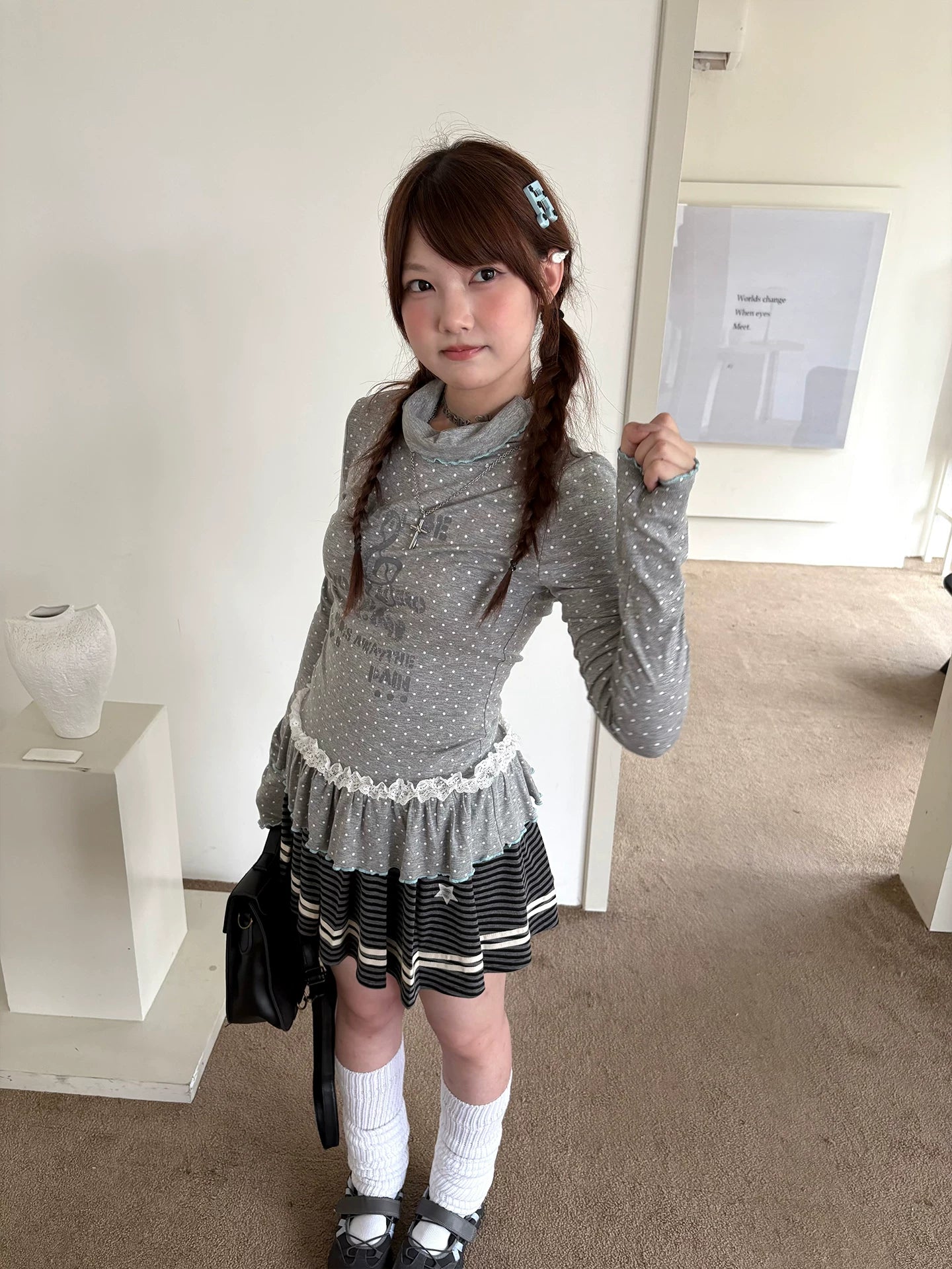 Polka Dot Lace High-Neck Long Sleeve T-Shirt