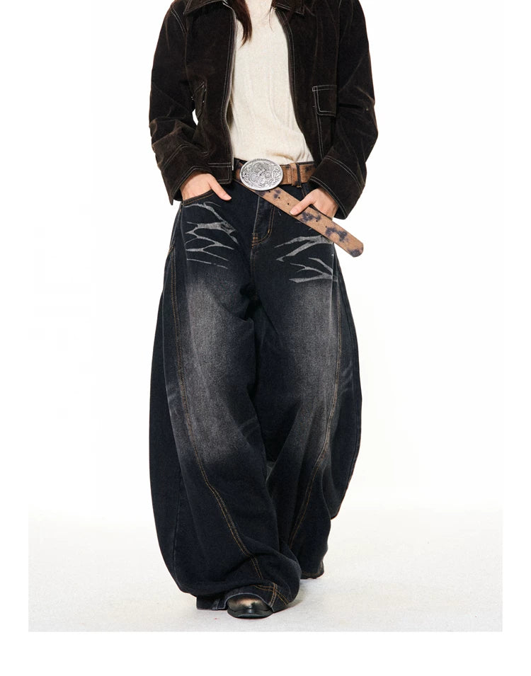 Washed Scratch Detail Wide Leg Denim Jeans