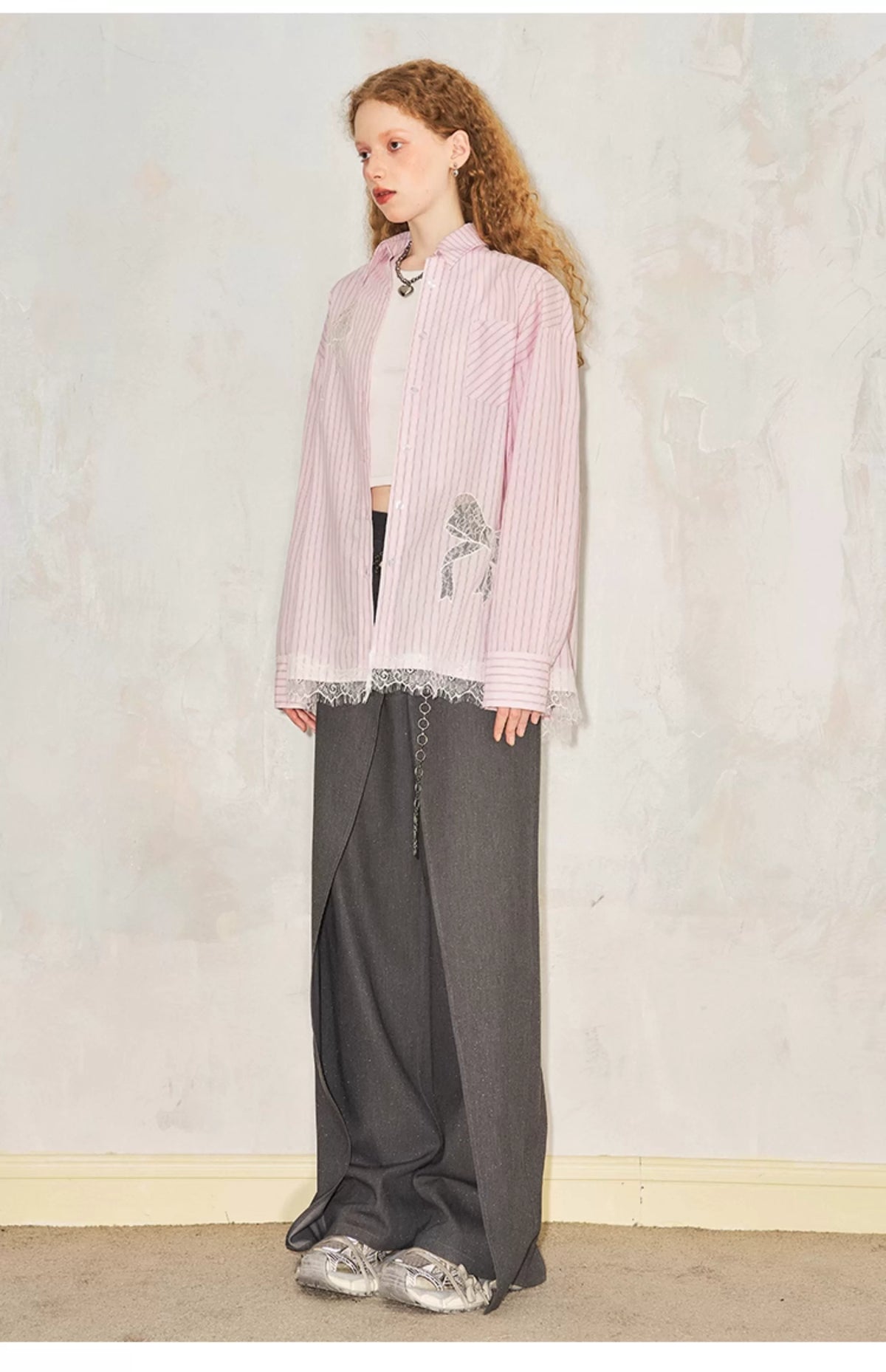 Stripe Lace Hollow Bow Long Sleeve Shirt