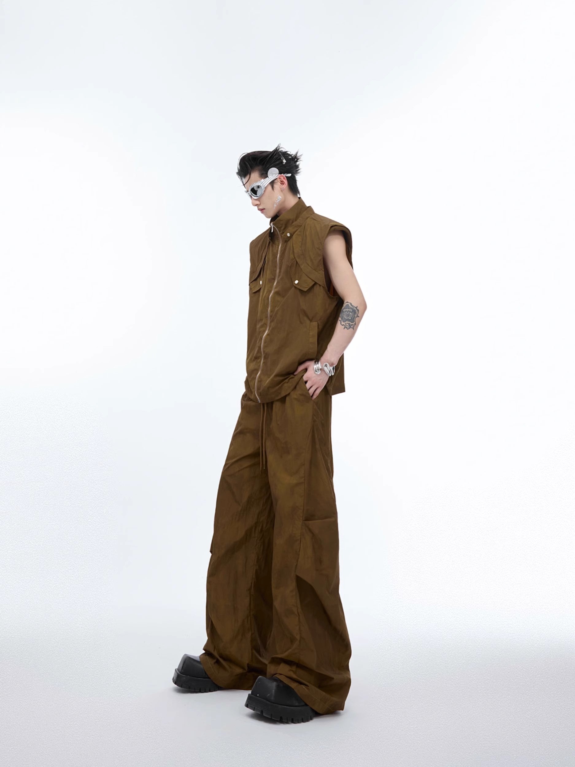 Zipper Hooded Sleeveless Jacket & Workwear Wide-Leg Straight Pants Setup