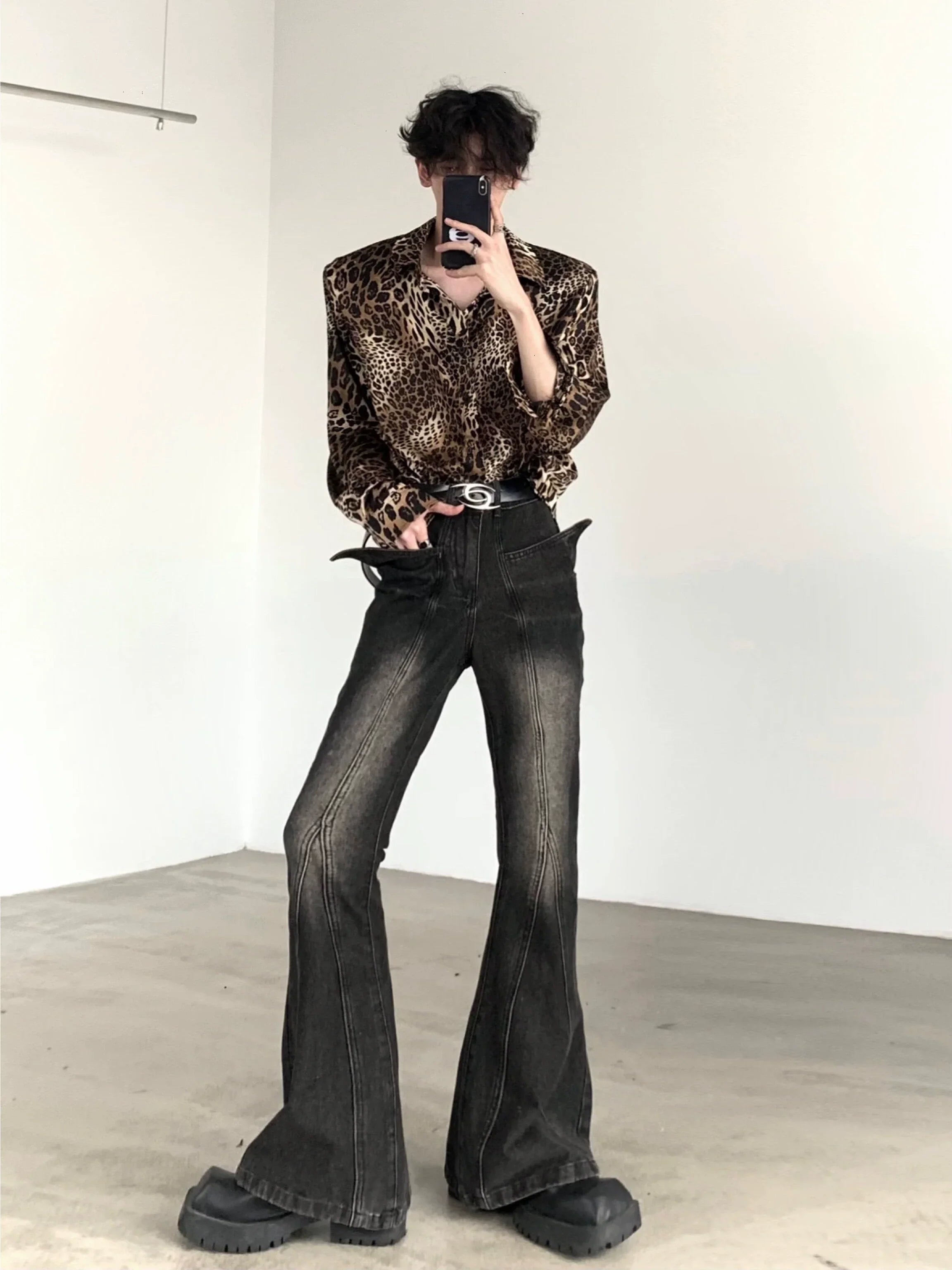 Leopard Print Shoulder Pad Long Sleeve Shirt