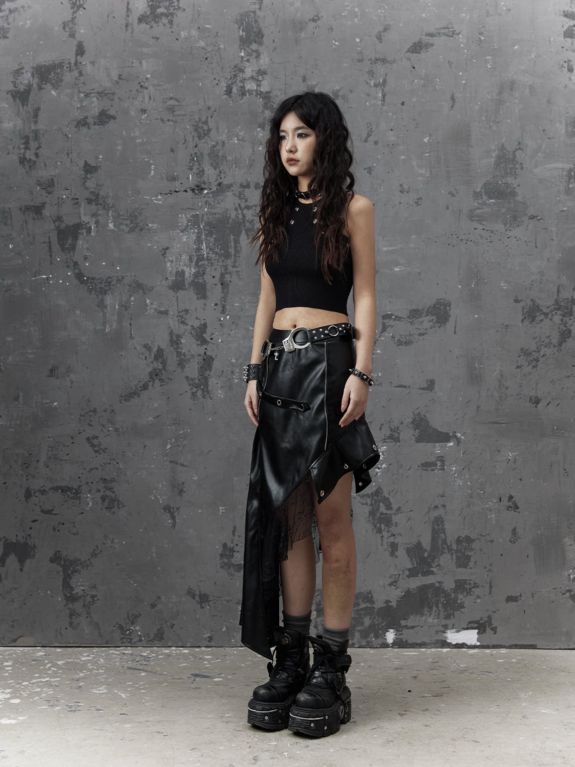 Asymmetric PU Leather Mesh Patchwork Skirt