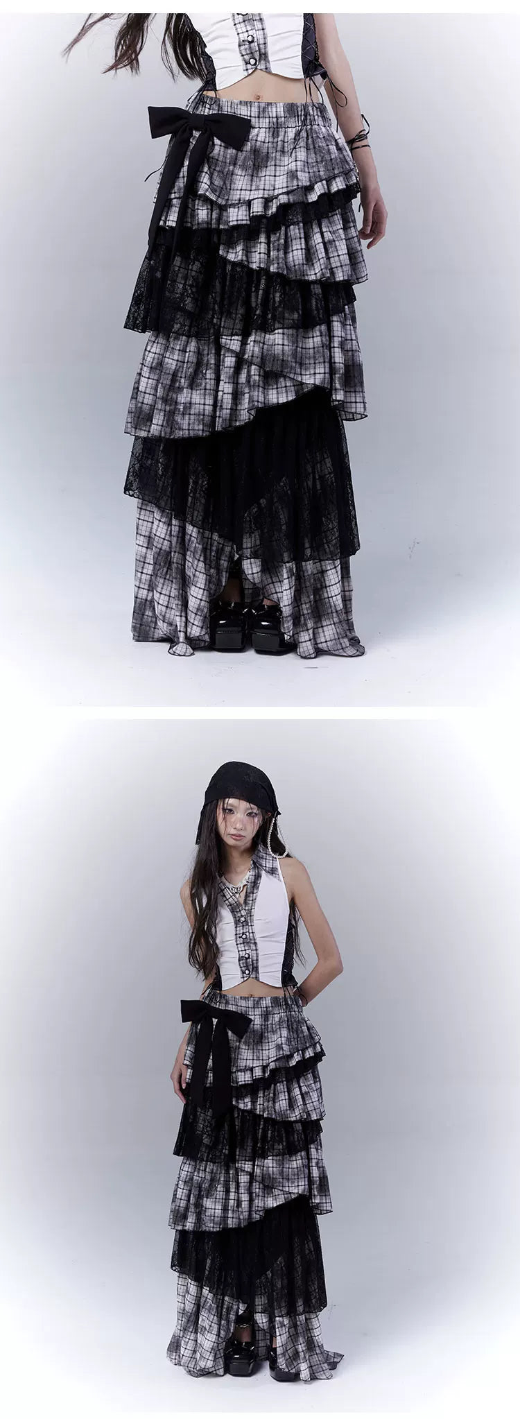 Lace Plaid Tiered Asymmetric Skirt