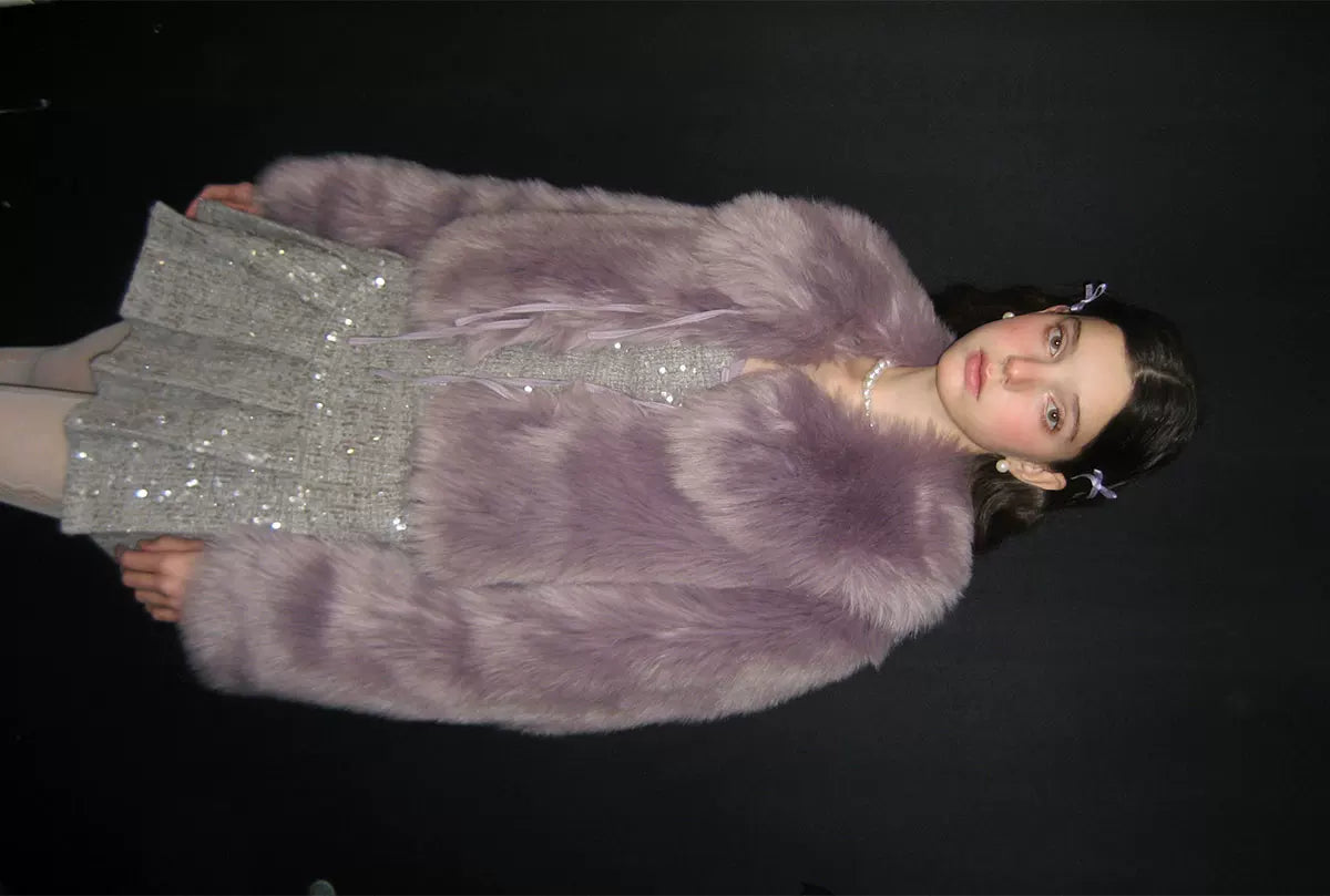 PU Leather Mix Bow Fur Jacket