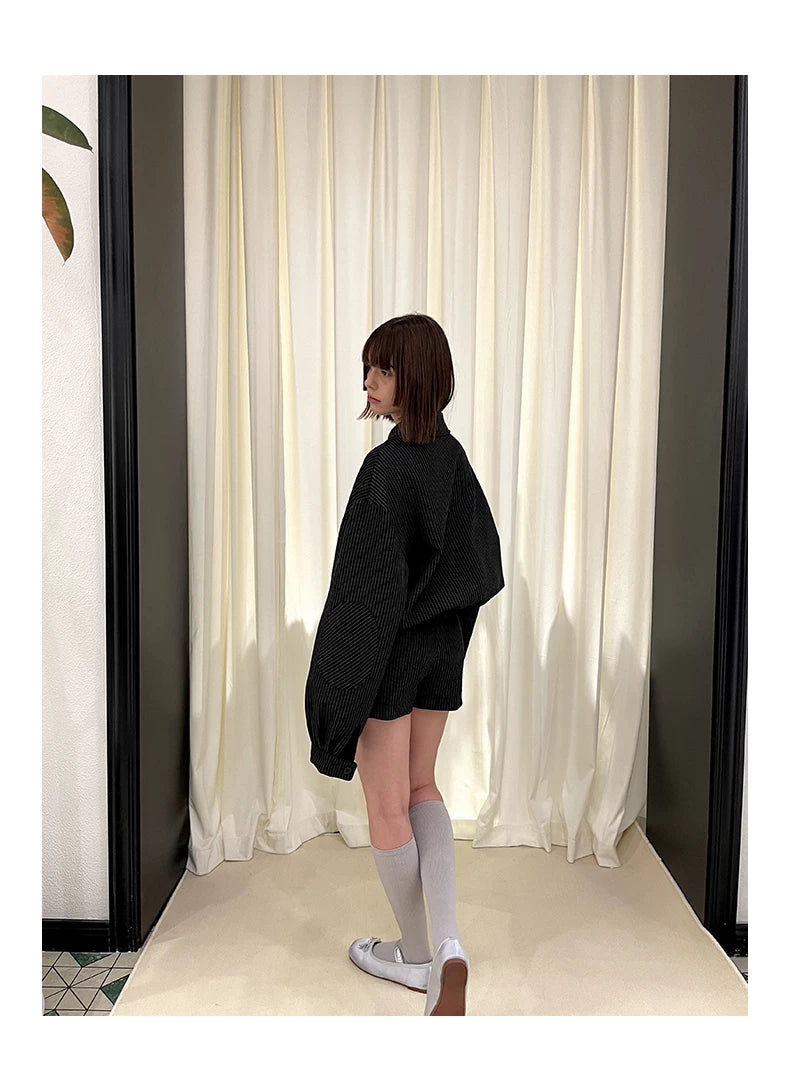 Stripe Polo Collar Jacket & Pleated Short Skirt Setup