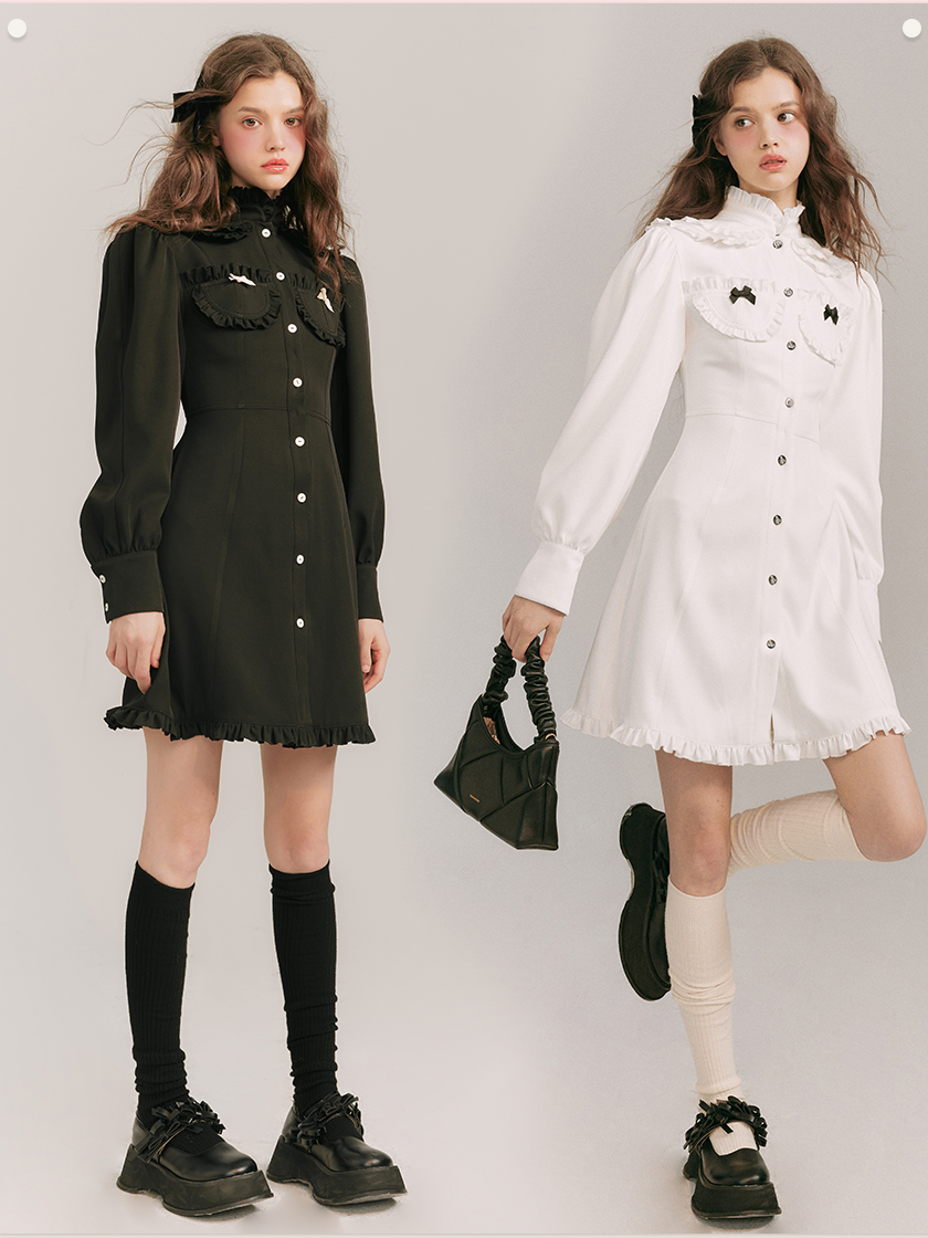 Double Neck Long Sleeve Shirt Dress