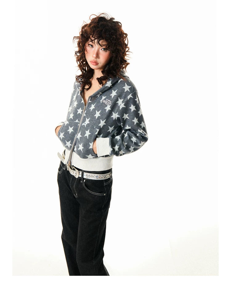 Star Print Cropped Zip-Up Hoodie
