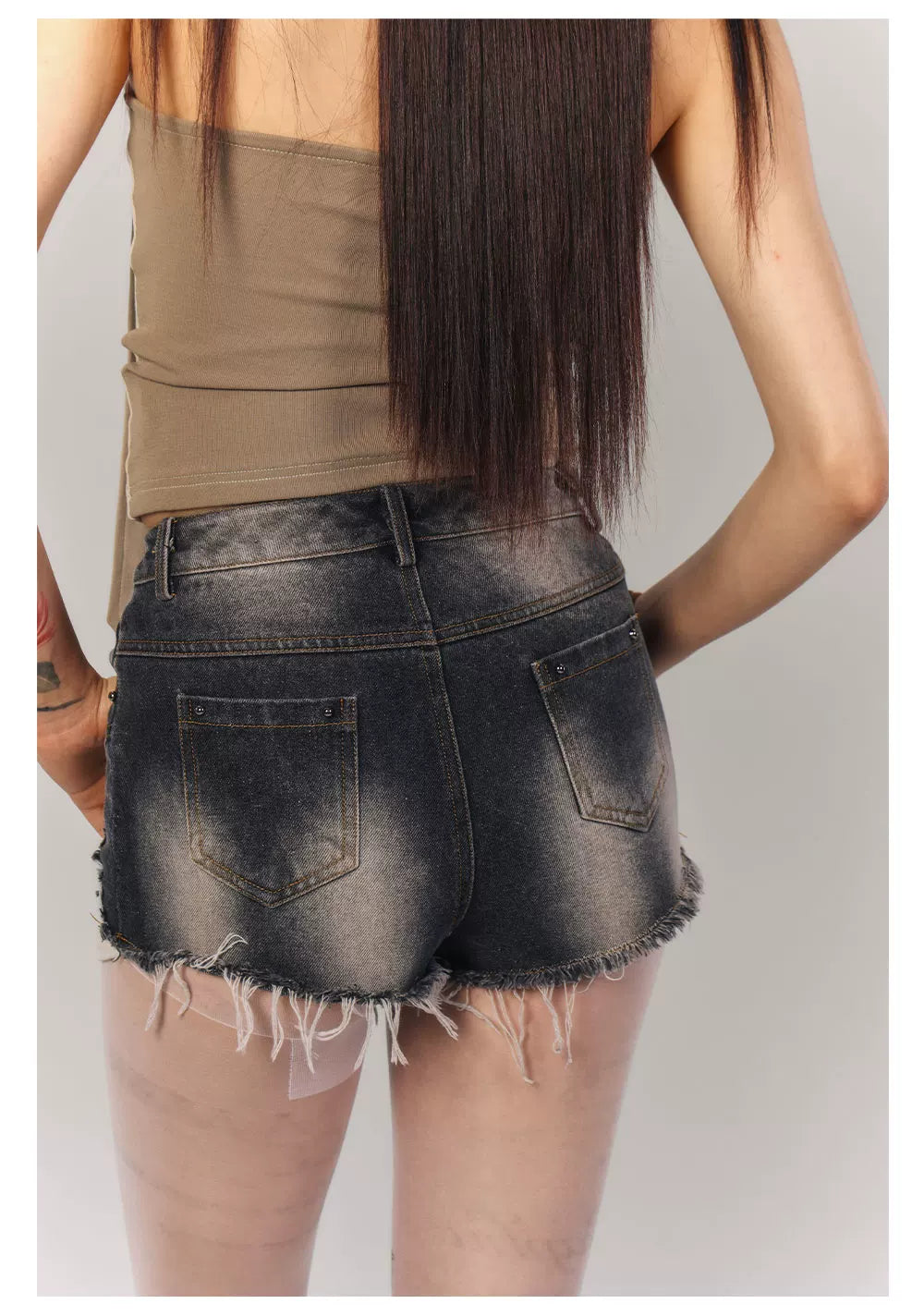 Washed Damage Fray Short Denim Jeans