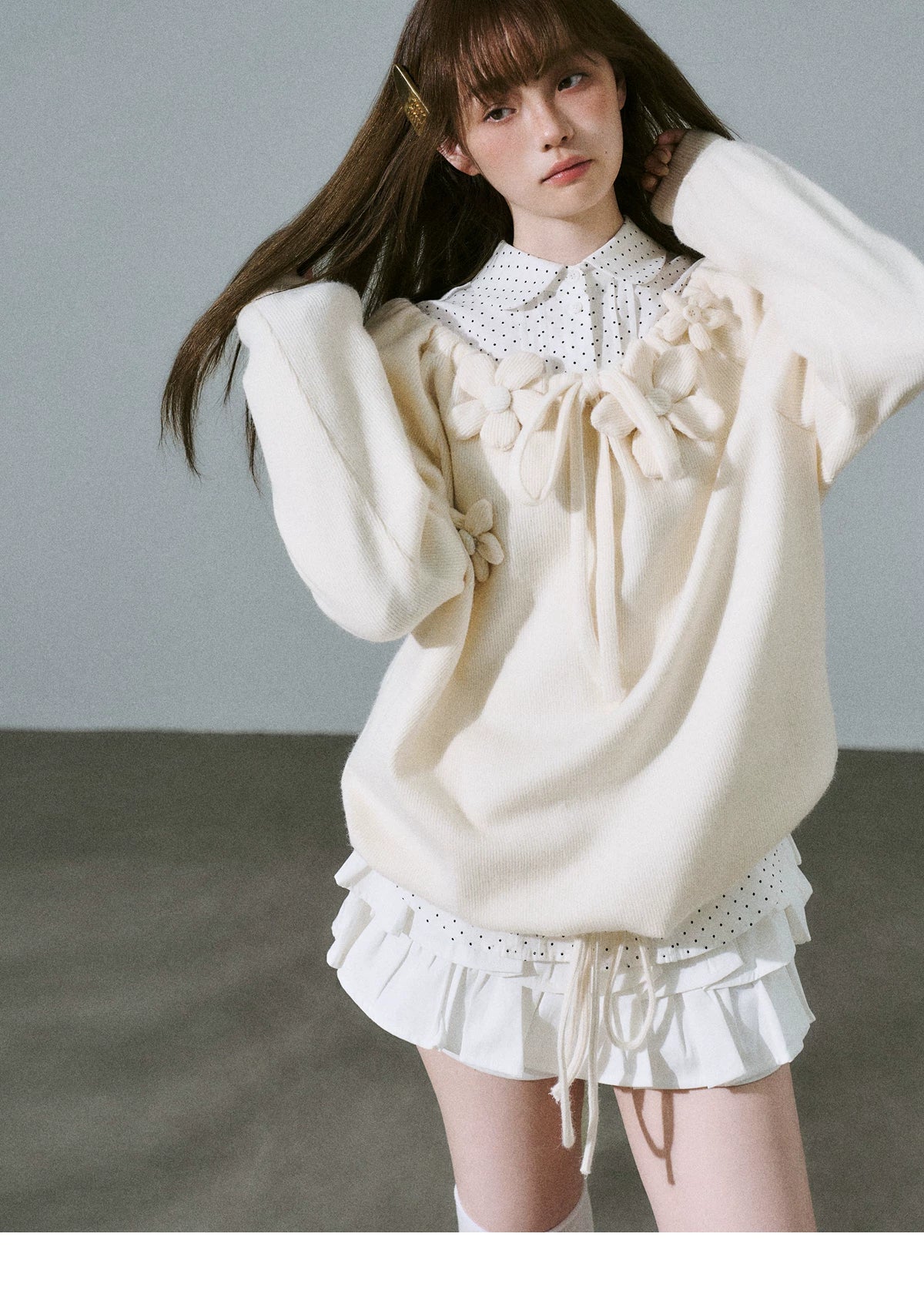 Flower Applique Drawstring Detail Sweatshirt