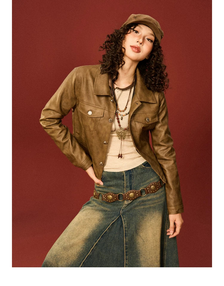 PU Leather Standing-Collar Short Jacket